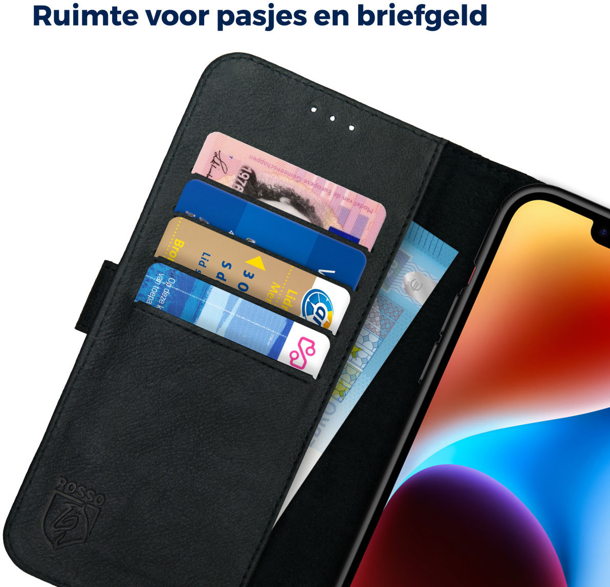 Rosso Deluxe Apple iPhone 14 Plus Hoesje Echt Leer Book Case Zwart afbeelding 5