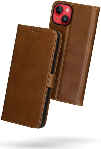 Rosso Deluxe Apple iPhone 14 Plus Hoesje Echt Leer Book Case Bruin afbeelding 2