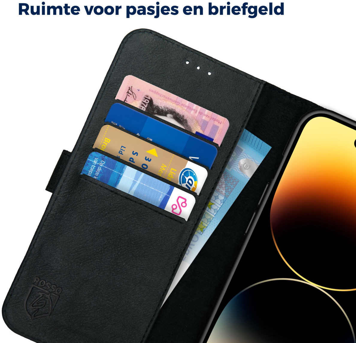 Rosso Deluxe Apple iPhone 14 Pro Max Hoesje Echt Leer Book Case Zwart afbeelding 6