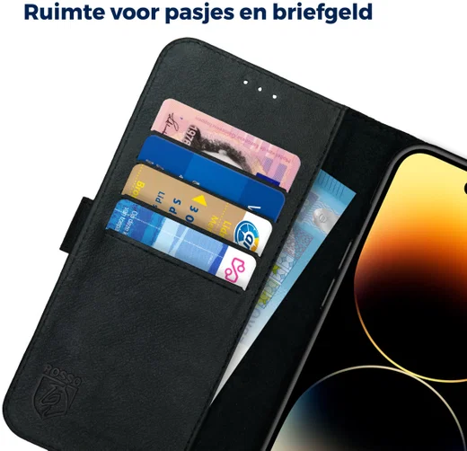 Rosso Deluxe Apple iPhone 14 Pro Max Hoesje Echt Leer Book Case Zwart afbeelding 6