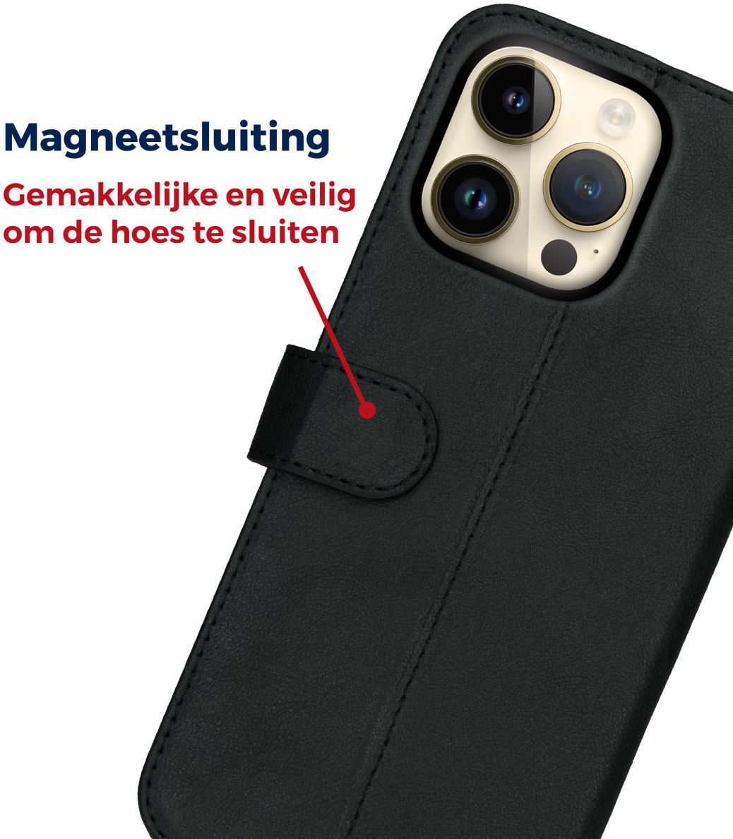 Rosso Deluxe Apple iPhone 14 Pro Max Hoesje Echt Leer Book Case Zwart afbeelding 7