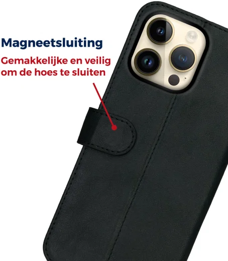 Rosso Deluxe Apple iPhone 14 Pro Max Hoesje Echt Leer Book Case Zwart afbeelding 7