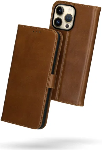 Rosso Deluxe Apple iPhone 14 Pro Max Hoesje Echt Leer Book Case Bruin afbeelding 2