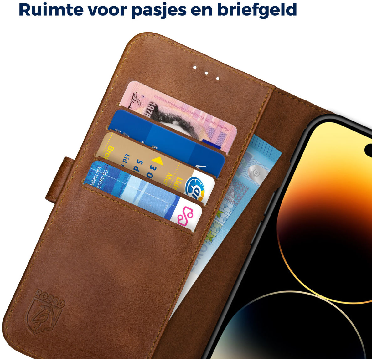 Rosso Deluxe Apple iPhone 14 Pro Max Hoesje Echt Leer Book Case Bruin afbeelding 6