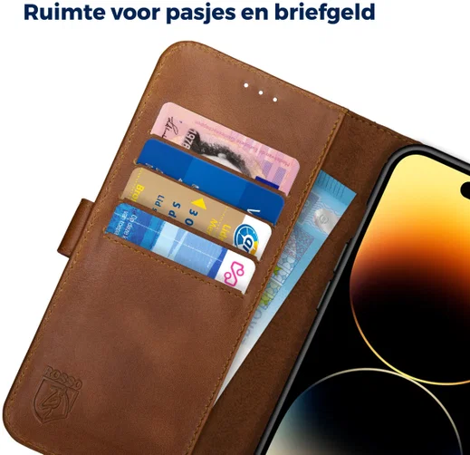Rosso Deluxe Apple iPhone 14 Pro Max Hoesje Echt Leer Book Case Bruin afbeelding 6