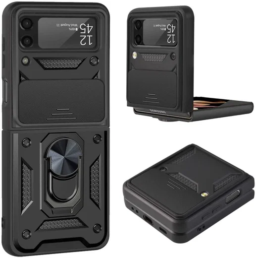 Samsung Galaxy Z Flip 4 Hoesje met Camera Slider en Kickstand Zwart afbeelding 2