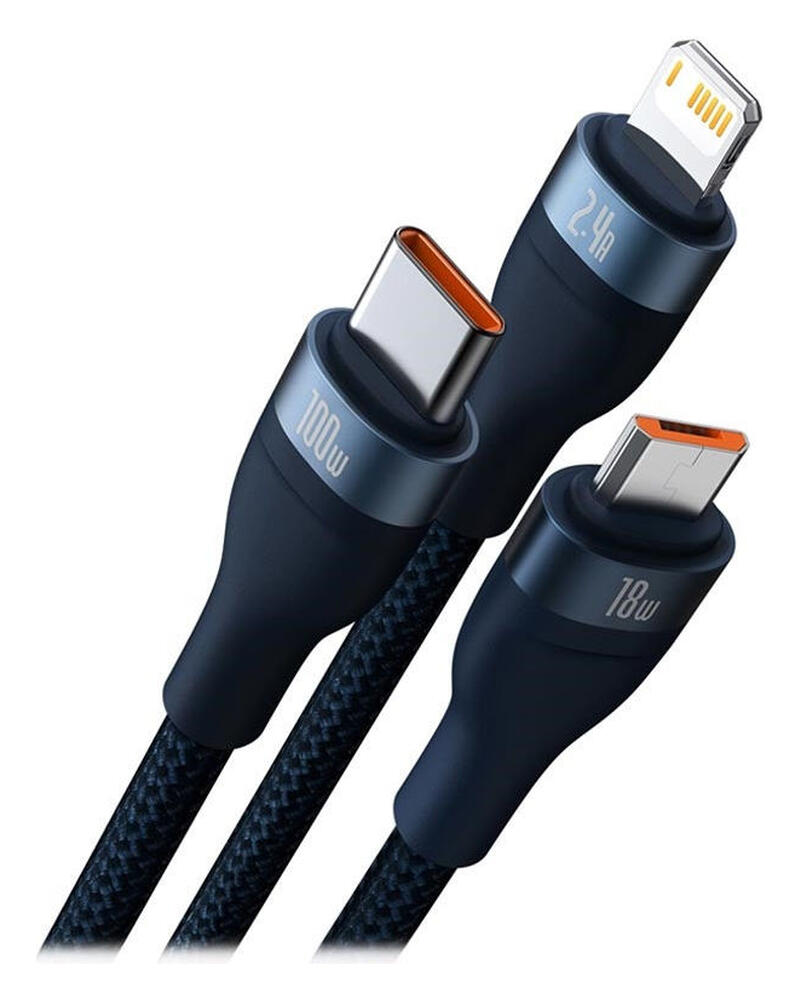 Baseus USB-C 3-in-1 Lightning/USB-C/Micro USB Kabel 100W 1.5M Blauw afbeelding 2