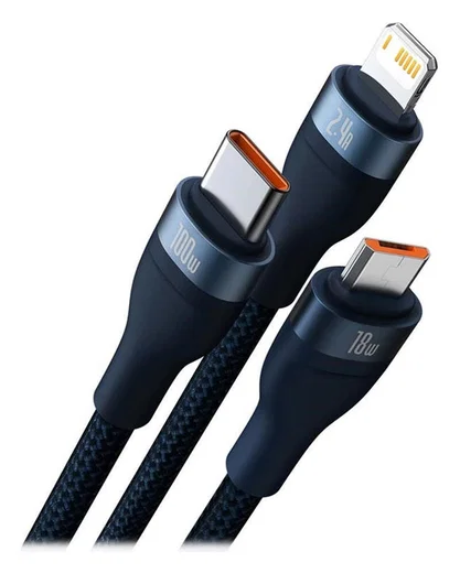 Baseus USB-C 3-in-1 Lightning/USB-C/Micro USB Kabel 100W 1.5M Blauw afbeelding 2
