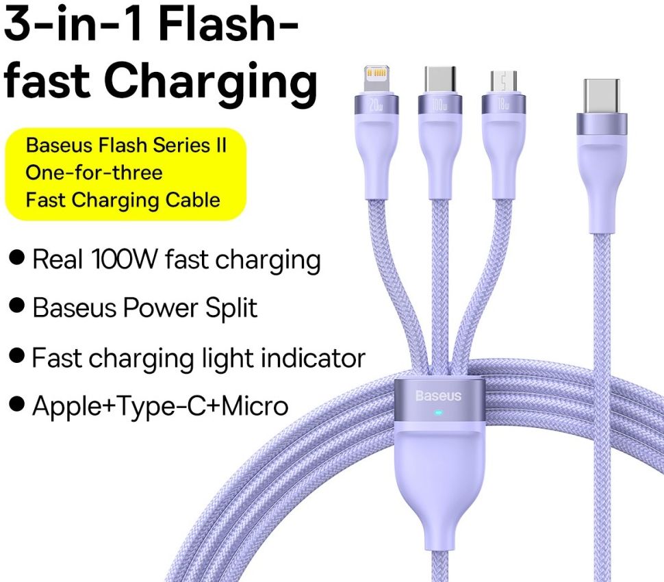 Baseus USB-C 3-in-1 Lightning/USB-C/Micro USB Kabel 100W 1.5M Paars afbeelding 4