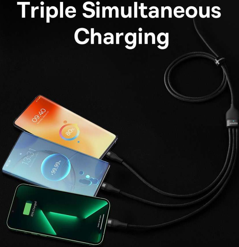 Baseus USB-A 3-in-1 Lightning/USB-C/Micro USB Kabel 100W 1.2M Blauw afbeelding 6