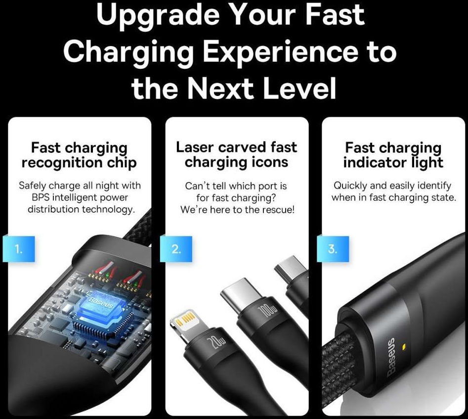 Baseus USB-A 3-in-1 Lightning/USB-C/Micro USB Kabel 100W 1.2M Blauw afbeelding 9