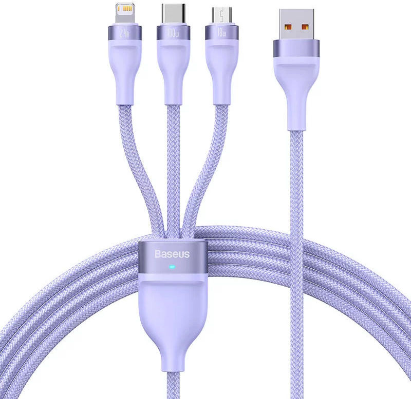 Baseus USB-A naar Lightning/USB-C/Micro USB Kabel 100W 1.2M Paars afbeelding 1