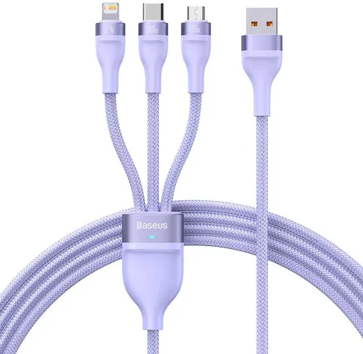 Baseus USB-A naar Lightning/USB-C/Micro USB Kabel 100W 1.2M Paars afbeelding 1