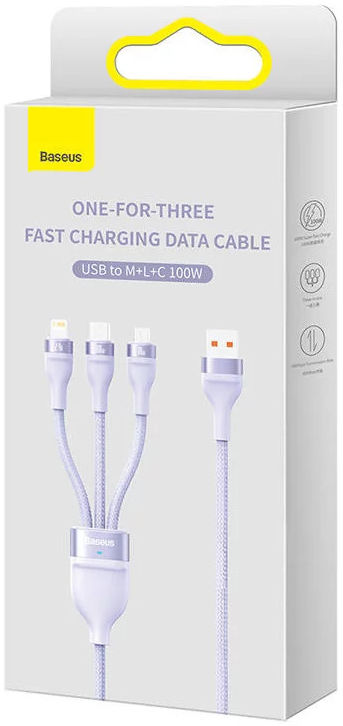 Baseus USB-A naar Lightning/USB-C/Micro USB Kabel 100W 1.2M Paars afbeelding 11