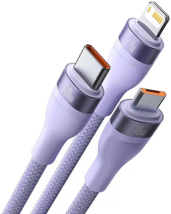 Baseus USB-A naar Lightning/USB-C/Micro USB Kabel 100W 1.2M Paars afbeelding 2