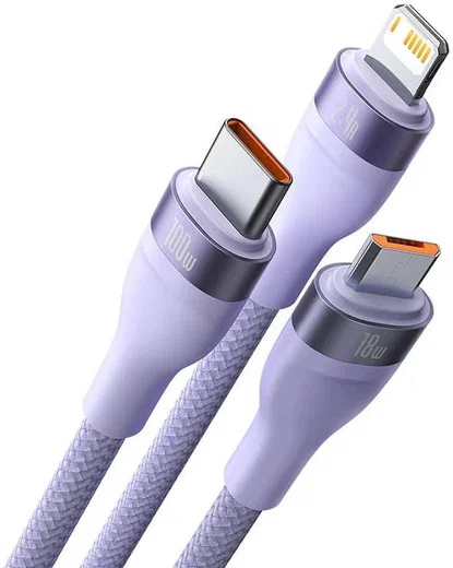 Baseus USB-A naar Lightning/USB-C/Micro USB Kabel 100W 1.2M Paars afbeelding 2