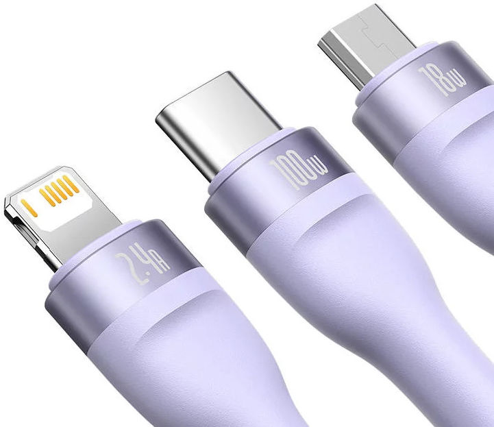 Baseus USB-A naar Lightning/USB-C/Micro USB Kabel 100W 1.2M Paars afbeelding 3