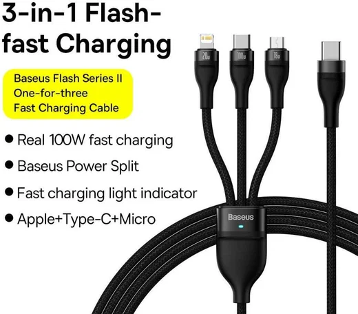 Baseus USB-A naar Lightning/USB-C/Micro USB Kabel 100W 1.2M Paars afbeelding 5