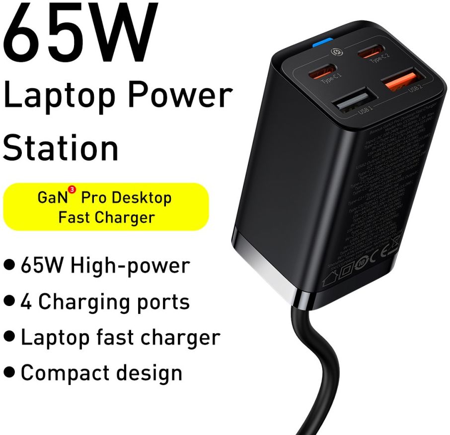 Baseus GaN3 Pro 65W Snellader Laptop/MacBook + 100W USB-C Kabel 5A 1M afbeelding 7