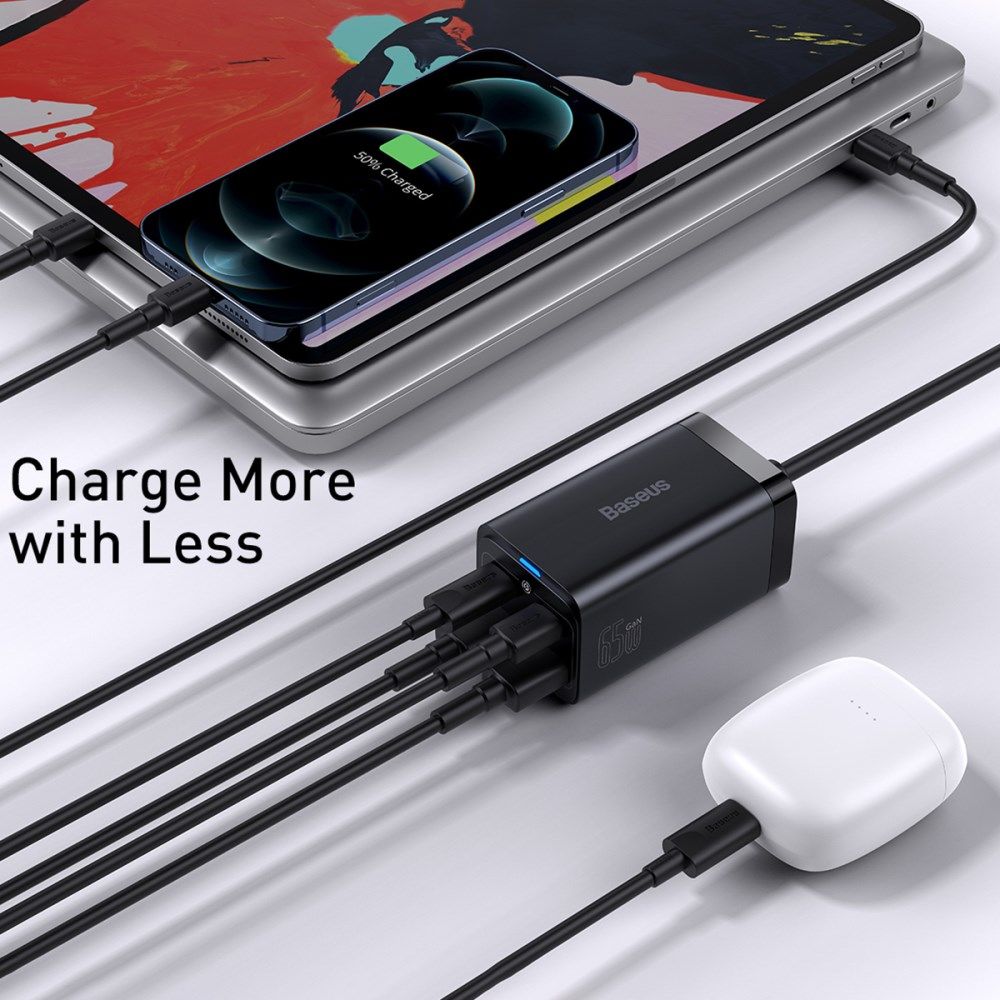 Baseus GaN3 Pro 65W Snellader Laptop/MacBook + 100W USB-C Kabel 5A 1M afbeelding 12