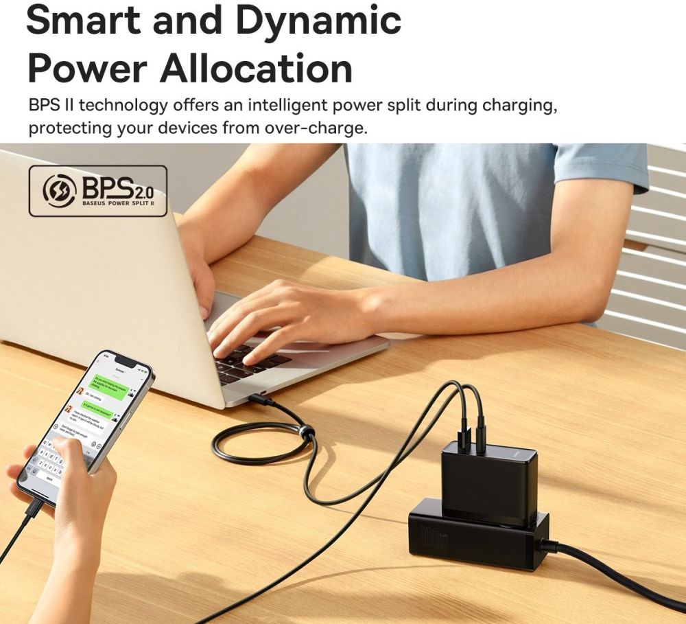 Baseus GaN5 100W Snellader met Fast Charge + 100W USB-C Kabel Zwart afbeelding 9