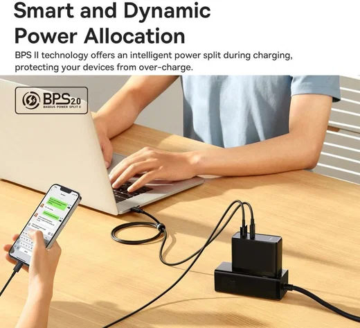 Baseus GaN5 100W Snellader met Fast Charge + 100W USB-C Kabel Zwart afbeelding 9