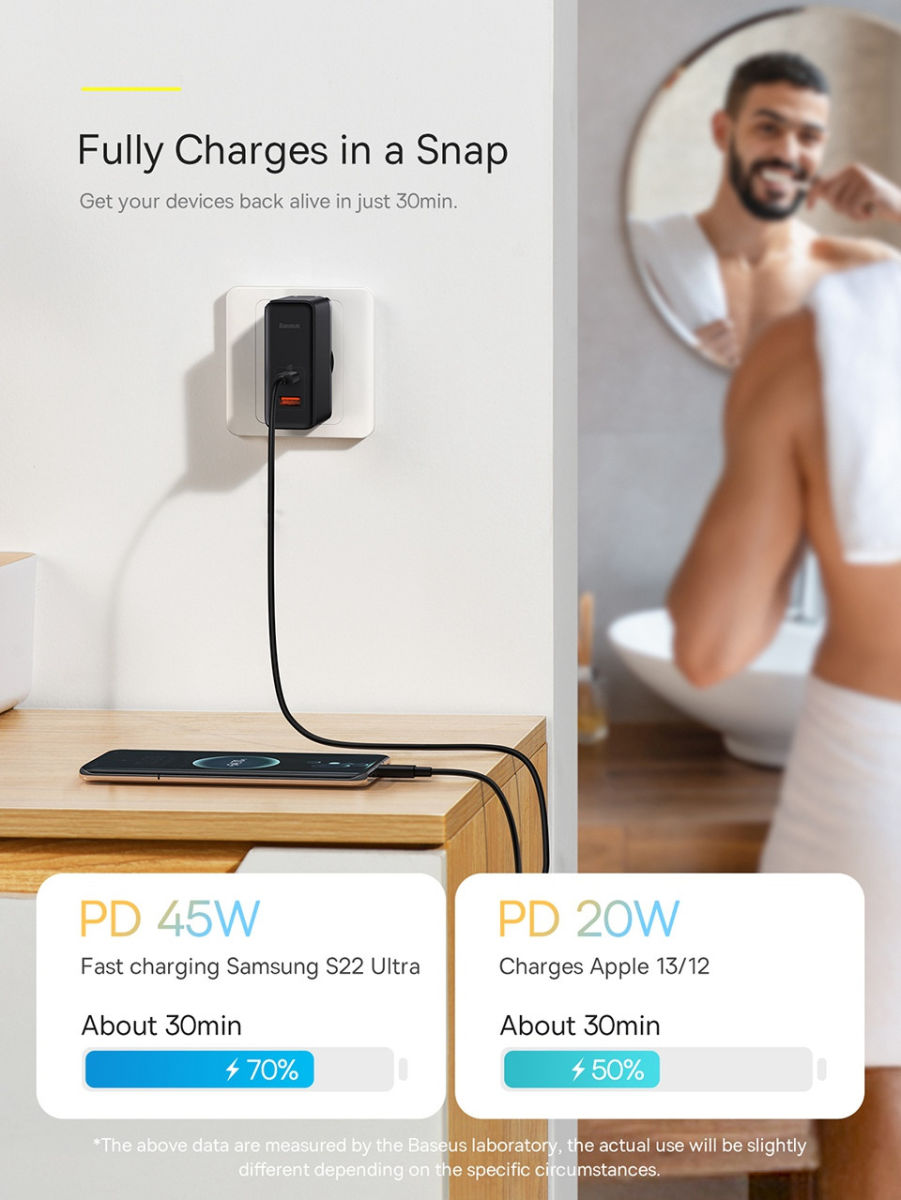 Baseus GaN5 100W Snellader met Fast Charge + 100W USB-C Kabel Zwart afbeelding 7