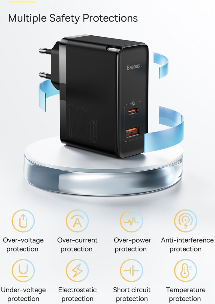 Baseus GaN5 100W Snellader met Fast Charge + 100W USB-C Kabel Zwart afbeelding 11