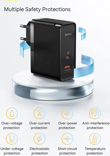 Baseus GaN5 100W Snellader met Fast Charge + 100W USB-C Kabel Zwart afbeelding 11