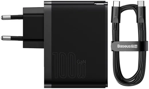Baseus GaN5 100W Snellader met Fast Charge + 100W USB-C Kabel Zwart afbeelding 1