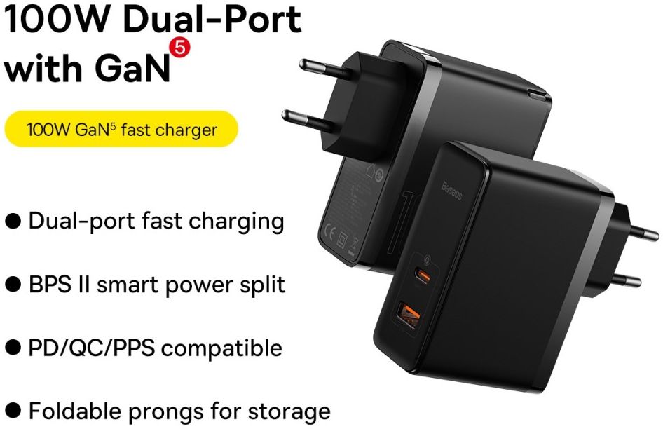 Baseus GaN5 100W Snellader met Fast Charge + 100W USB-C Kabel Zwart afbeelding 5
