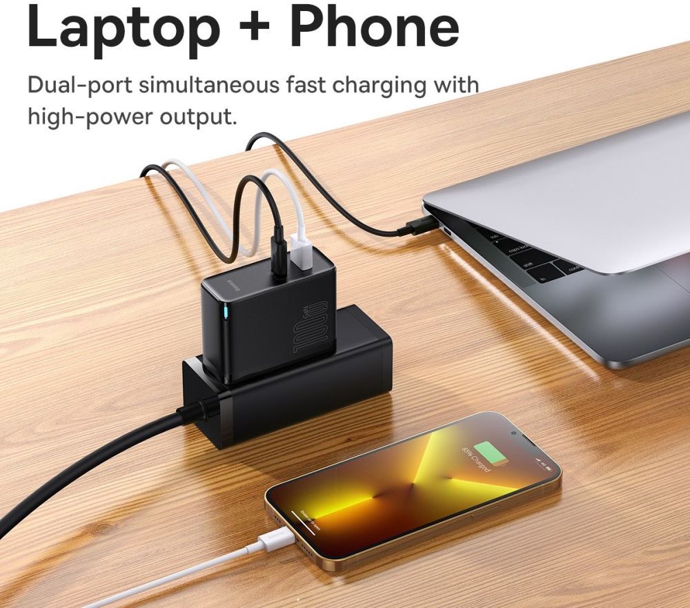 Baseus GaN5 100W Snellader met Fast Charge + 100W USB-C Kabel Zwart afbeelding 6