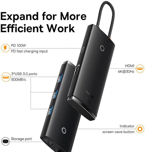 Baseus Lite 5-in-1 100W USB-C Hub naar USB-C PD/3x USB 3.0/HDMI Zwart afbeelding 4