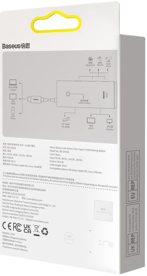 Baseus Lite 5-in-1 100W USB-C Hub naar USB-C PD/3x USB 3.0/HDMI Zwart afbeelding 13