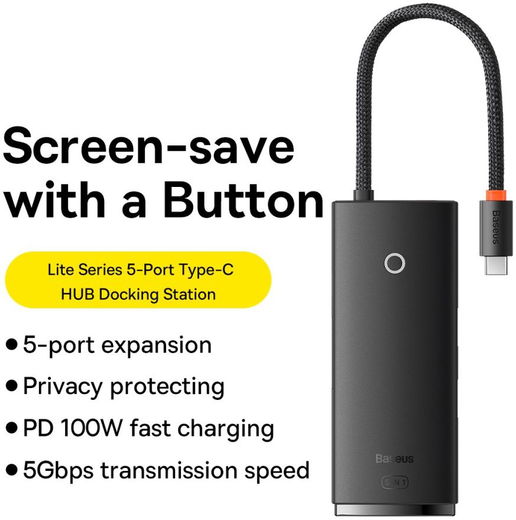 Baseus Lite 5-in-1 100W USB-C Hub naar USB-C PD/3x USB 3.0/HDMI Zwart afbeelding 8