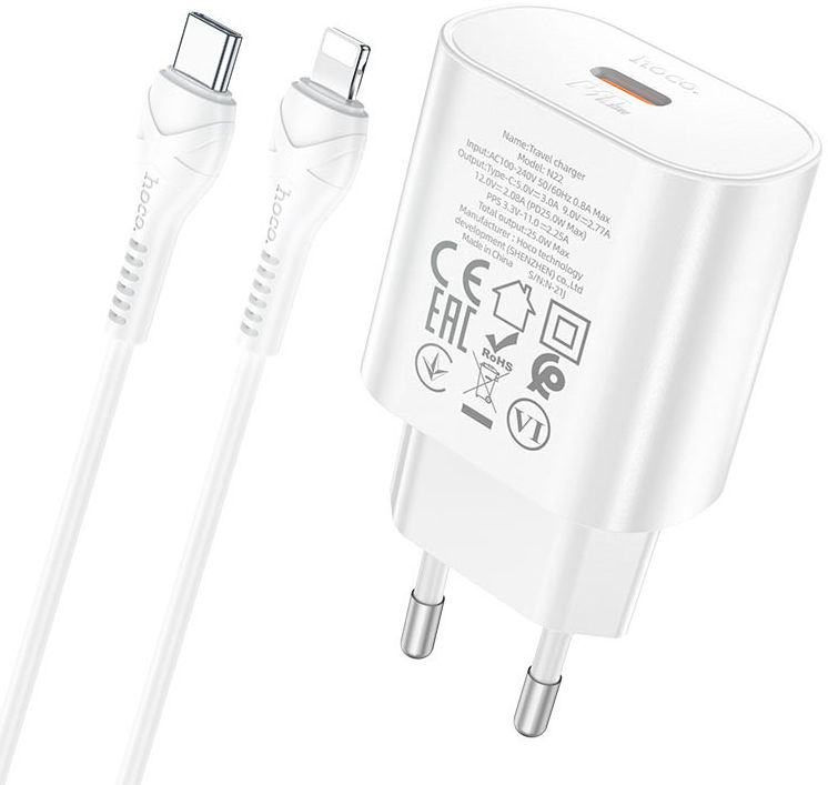 Hoco USB-C Snellader 25W PD + USB-C naar Lightning Kabel 1M Wit afbeelding 1