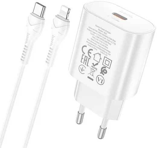 Hoco USB-C Snellader 25W PD + USB-C naar Lightning Kabel 1M Wit afbeelding 1
