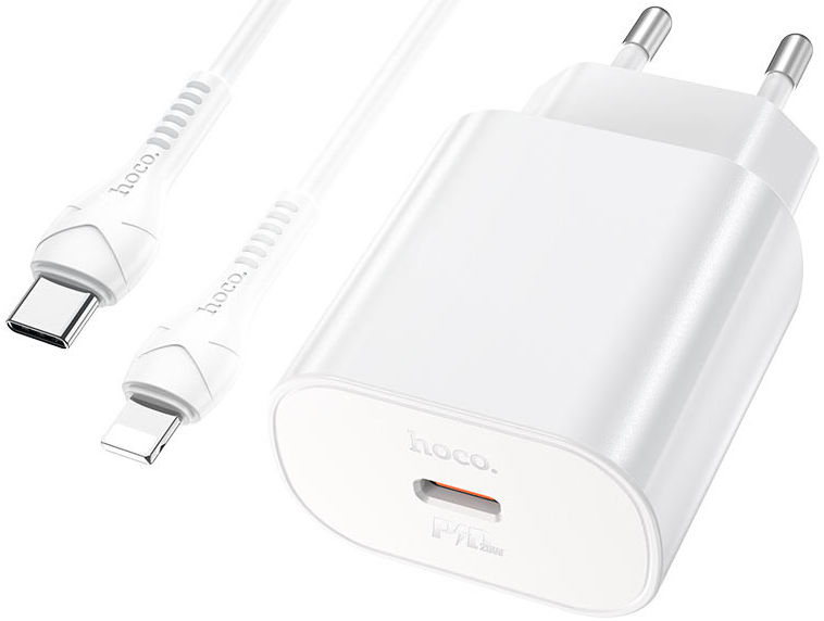 Hoco USB-C Snellader 25W PD + USB-C naar Lightning Kabel 1M Wit afbeelding 2