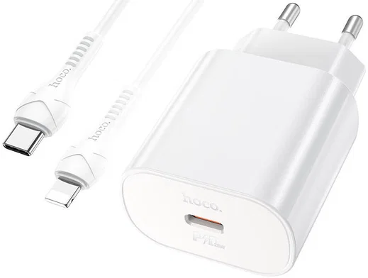Hoco USB-C Snellader 25W PD + USB-C naar Lightning Kabel 1M Wit afbeelding 2