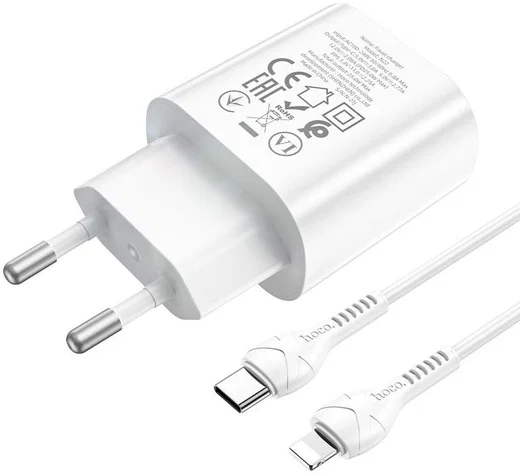 Hoco USB-C Snellader 25W PD + USB-C naar Lightning Kabel 1M Wit afbeelding 3