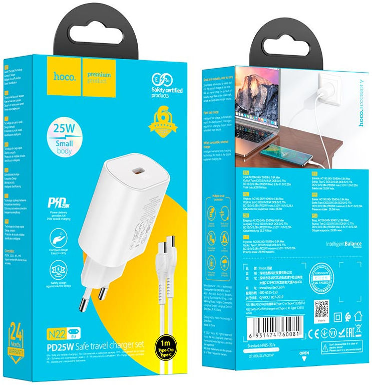 Hoco USB-C Snellader 25W Power Delivery + USB-C Kabel 1M Wit afbeelding 7