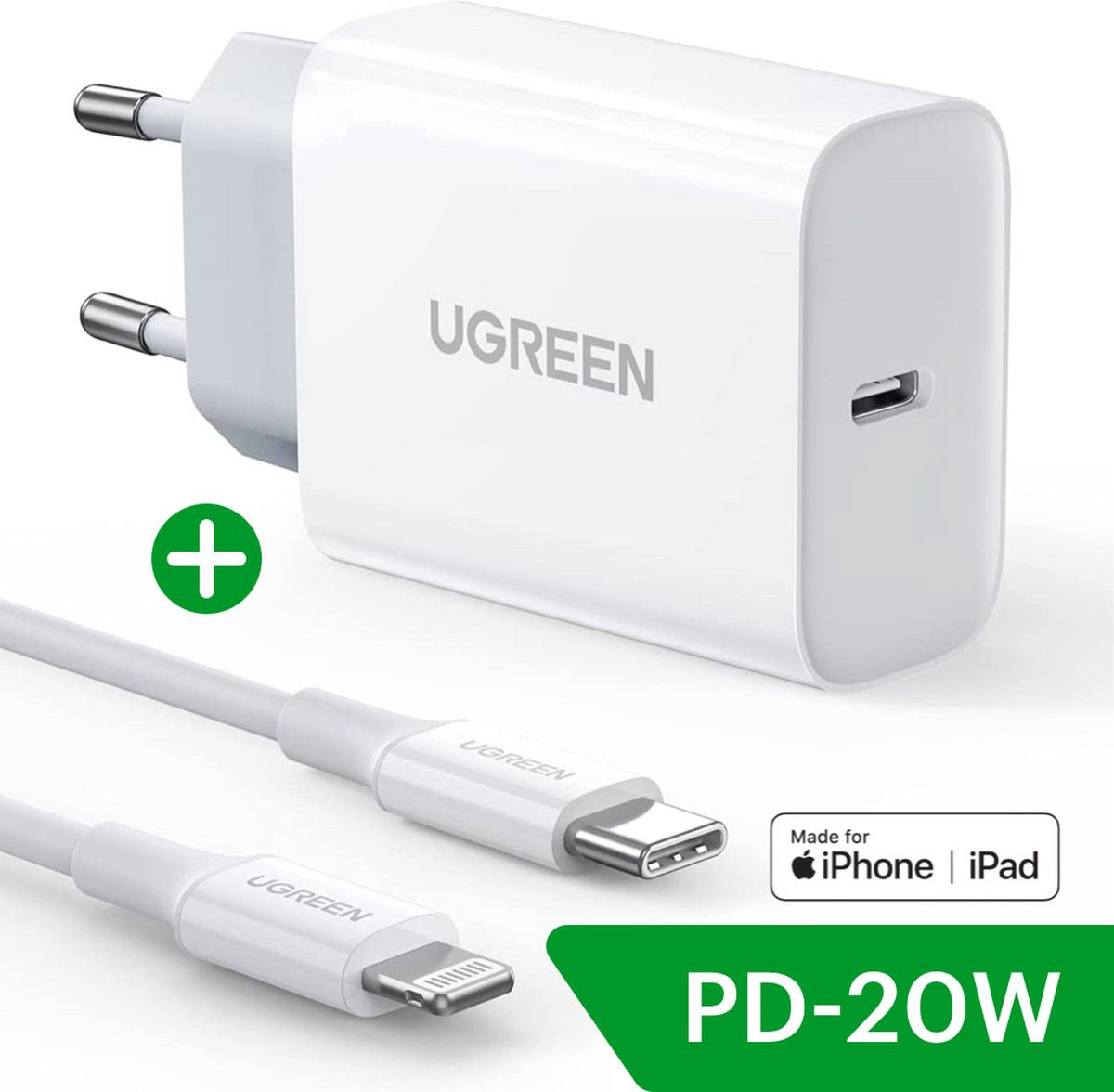 UGREEN Snellader 20W PD + USB-C naar Lightning Kabel MFi 3A 1M Wit afbeelding 3