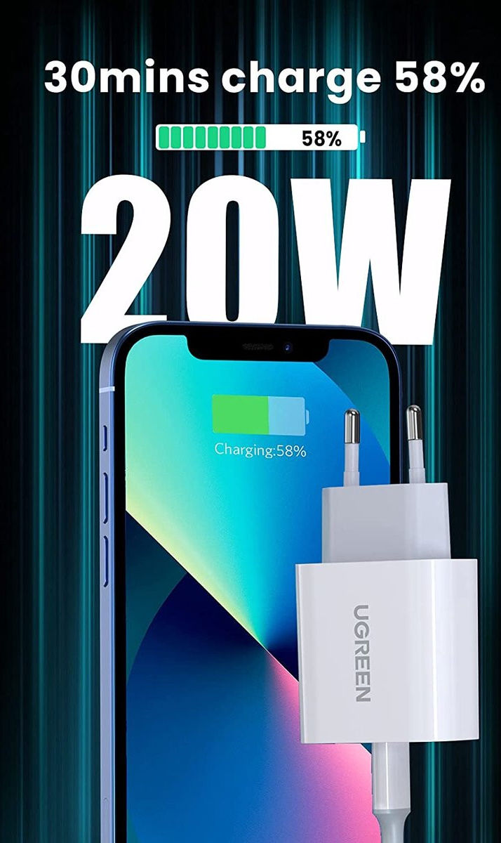 UGREEN Snellader 20W PD + USB-C naar Lightning Kabel MFi 3A 1M Wit afbeelding 4