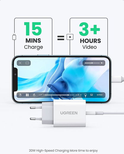 UGREEN Snellader 20W PD + USB-C naar Lightning Kabel MFi 3A 1M Wit afbeelding 6