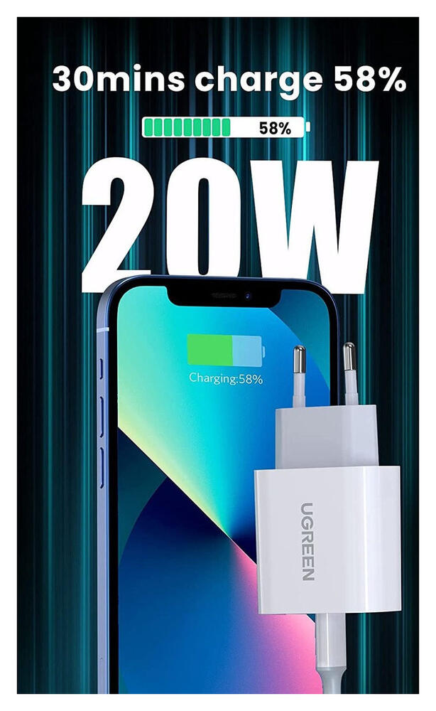 UGREEN Snellader 20W PD + USB-C naar Lightning Kabel MFi 3A 1M Zwart afbeelding 3