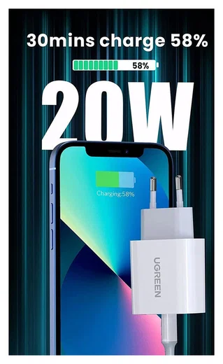 UGREEN Snellader 20W PD + USB-C naar Lightning Kabel MFi 3A 1M Zwart afbeelding 3