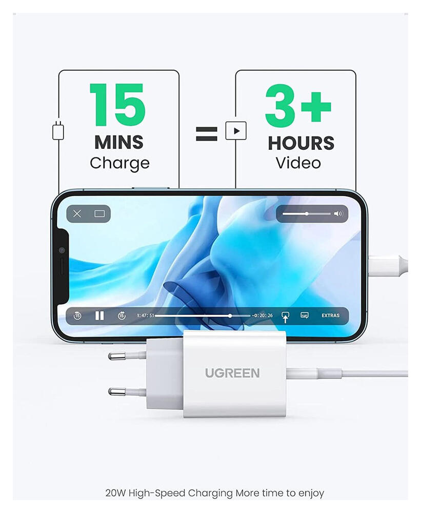 UGREEN Snellader 20W PD + USB-C naar Lightning Kabel MFi 3A 1M Zwart afbeelding 5