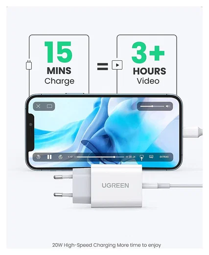 UGREEN Snellader 20W PD + USB-C naar Lightning Kabel MFi 3A 1M Zwart afbeelding 5