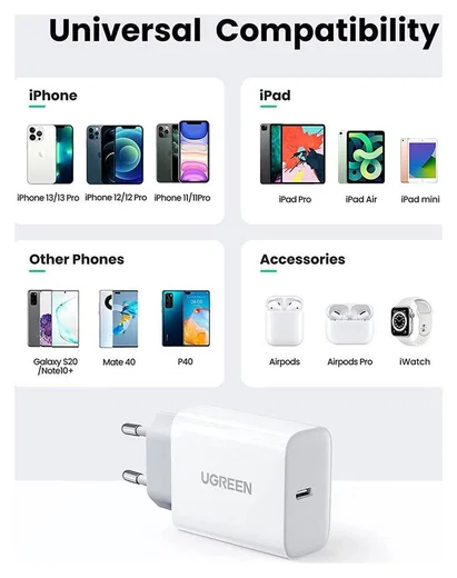 UGREEN Snellader 20W PD + USB-C naar Lightning Kabel MFi 3A 1M Zwart afbeelding 8