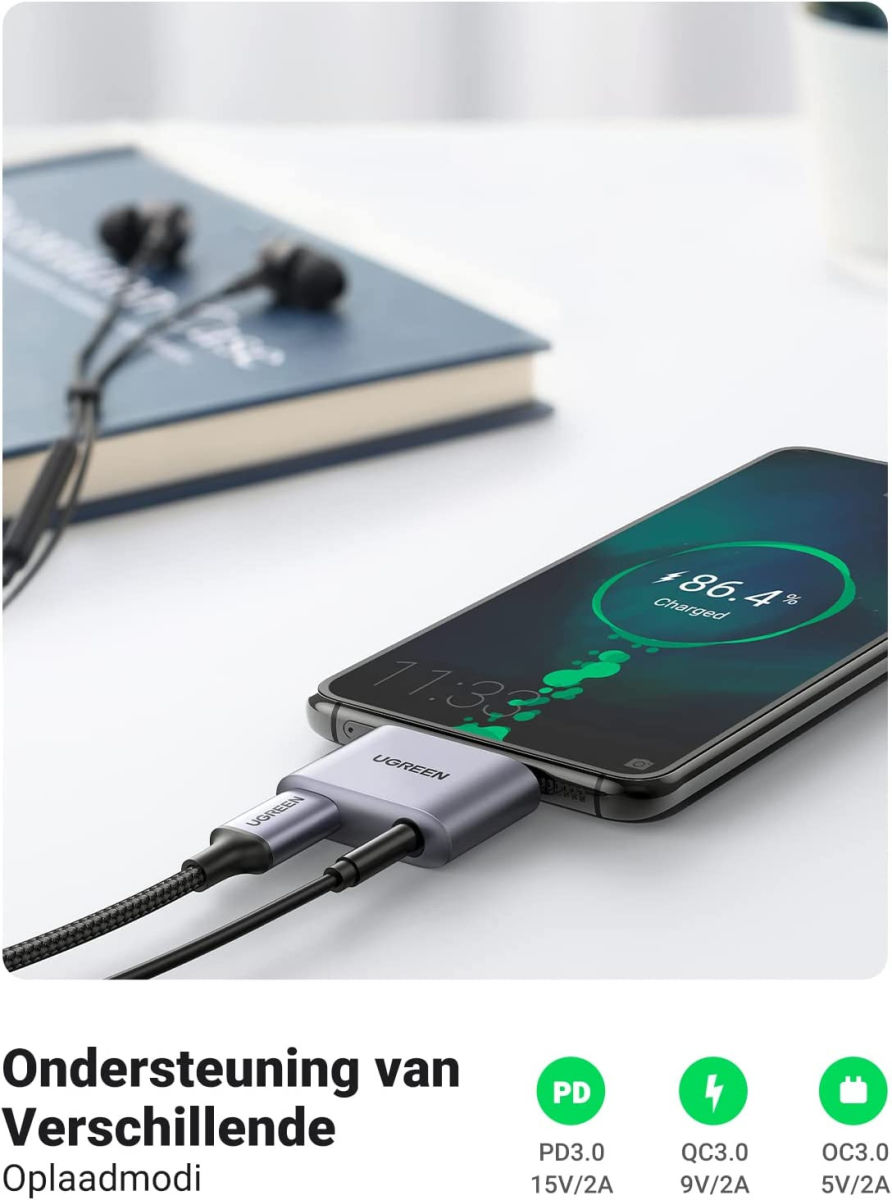 UGREEN Splitter USB-C naar USB-C PD & QC en 3.5mm Jack Headset Adapter afbeelding 3